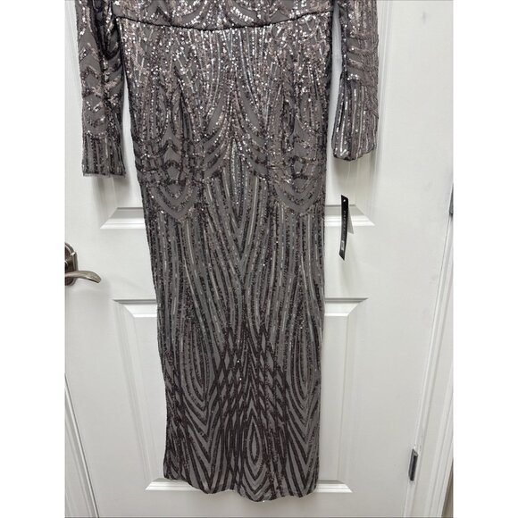 Adrianna Papell Size 12 Stone Gray Sequin Gown Long Sleeve Cocktail, Formal Maxi - Picture 6 of 12